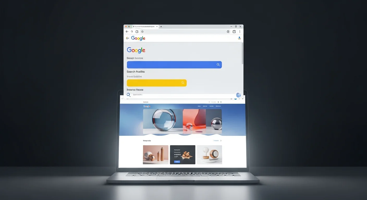 A beautifully designed vibe-coded website on a laptop screen, invisible in Google search results — illustrating why AI-built sites often fail to rank