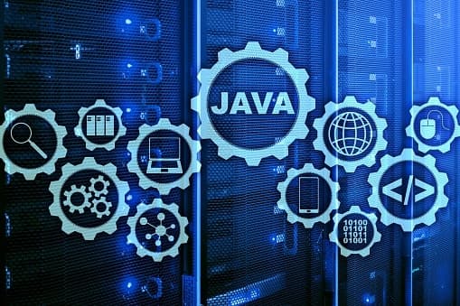 Java Programming concept. Virtual machine. On server room background.