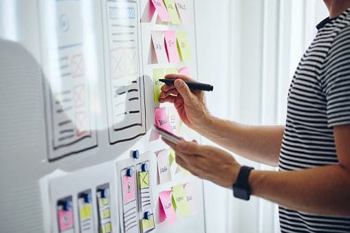 Web designer planning website ux app development with marker pen on whiteboard