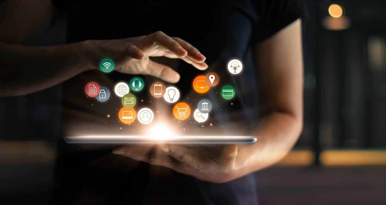 Digital online marketing commerce sale concept. Woman using tablet payments online shopping and icon customer network connection on hologram virtual screen, m banking and omni channel.