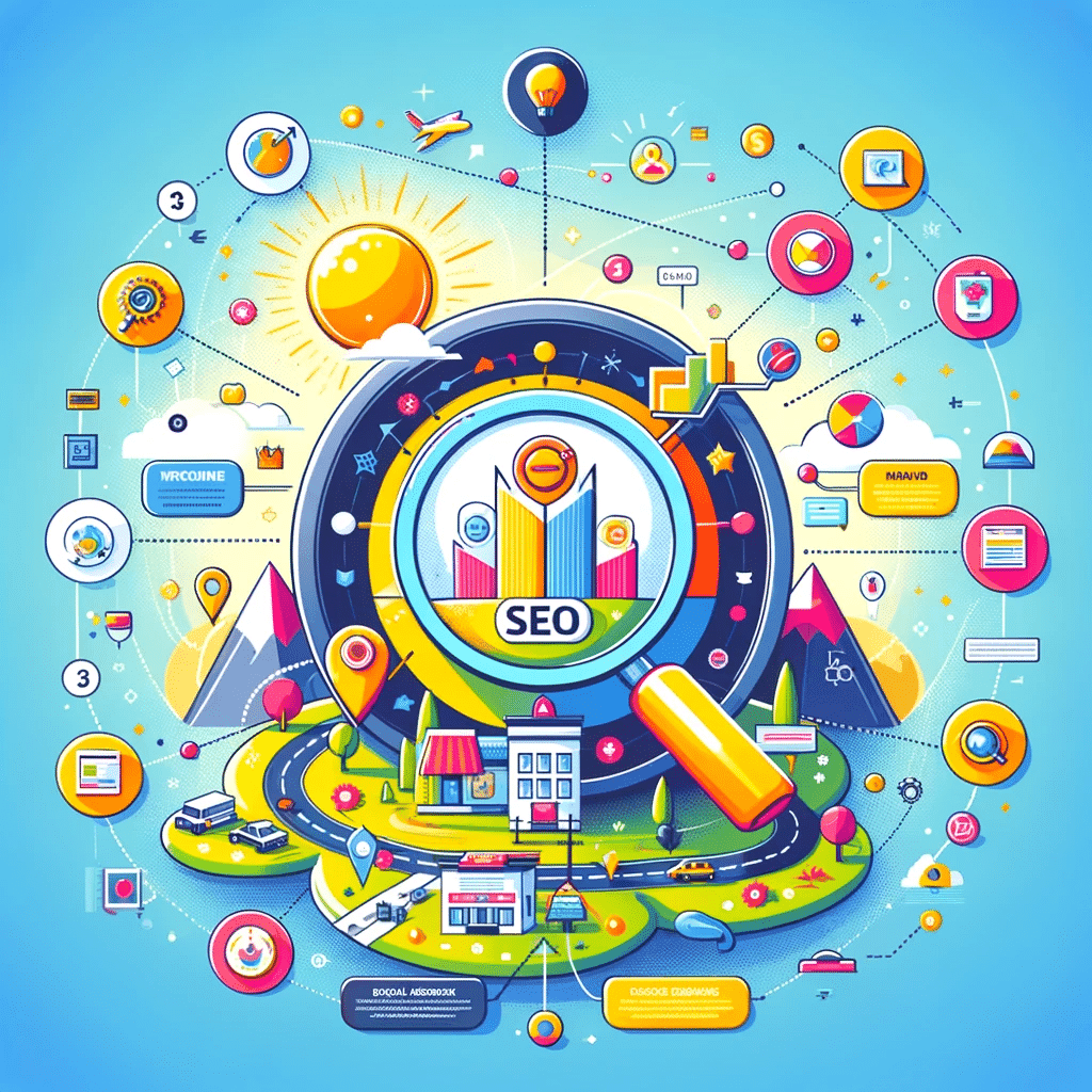 DALL·E 2024-01-31 12.37.21 - A vibrant and engaging infographic style image illustrating the advantages of SEO for businesses. This image features a large magnifying glass in the