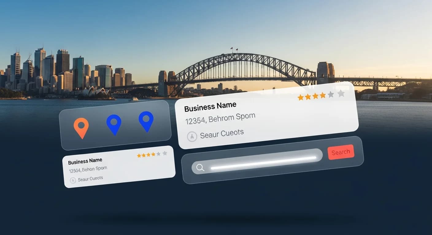 Australian cityscape with floating digital business directory listing cards and map pin markers
